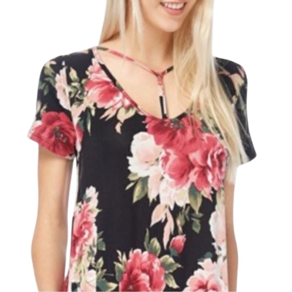 7th Ray Floral Maxi Dress Watercolor Roses Black Red Pink Small Boho Country - Picture 3 of 11